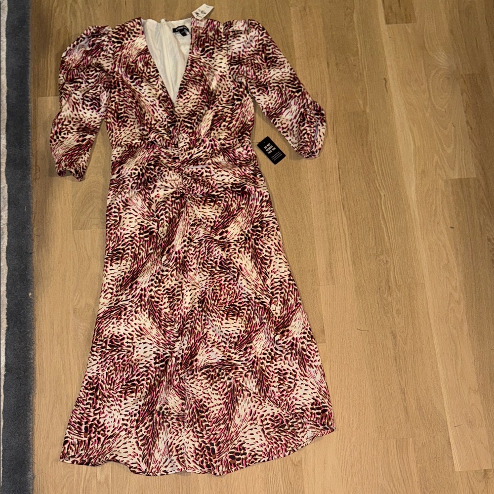 Express Pink Patterned V-Neck Wrap Midi Dress
